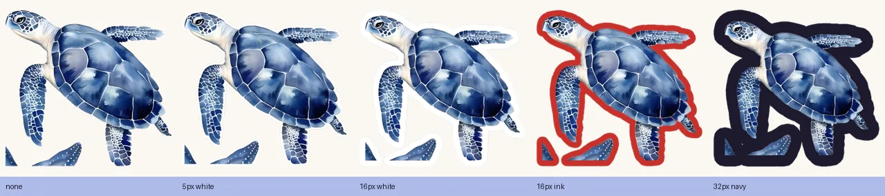 The same sticker with no border, a thin white border, a thick white border, a red border and a navy border